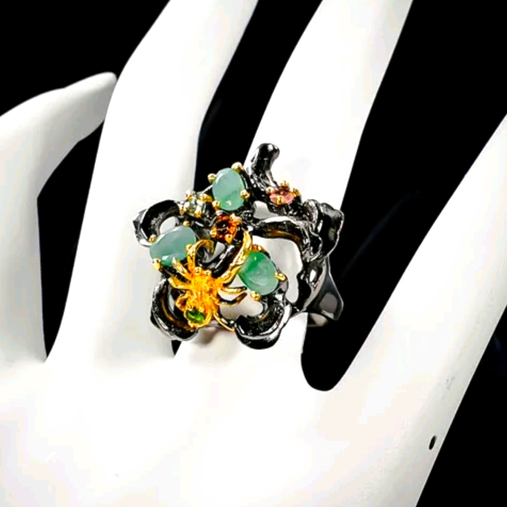 Emerald Peridot Tourmaline citrine aquamarine spider sterling silver ring sz9 - Picture 3 of 15